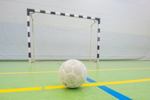 A handball on a yellow stripe in front of a goal on a pitch, handball, Calw, Germany