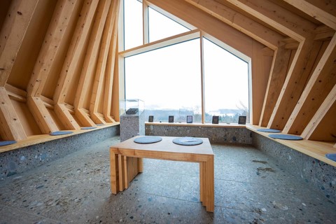 Interior with large window and minimalistic wooden design elements, Sinnraum, Oberreute, Allgäu,