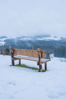 Wooden bench on snowy ground with a view of a quiet winter landscape, Sinnraum, Oberreute, Allgäu,