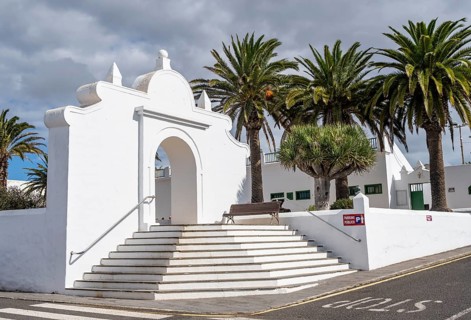 White staircase in a square with palm trees, Teguise, Lanzarote, Canary Islands, Spain