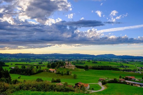 View of Oberallgäu with Sulzberg ruins, Oberallgäu, Swabia, Bavaria, Germany