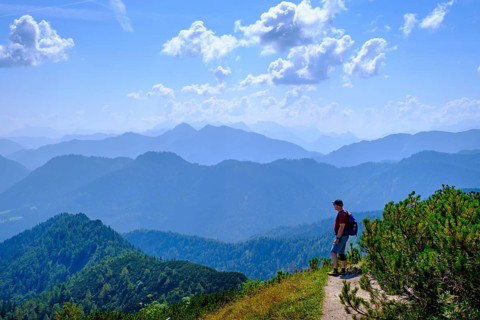 Hikers, mountaineers on Hochfelln, summit, near Bergen, Chiemgau, Upper Bavaria, Bavaria, Germany