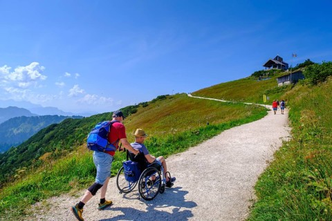 Hikers, wheelchair users, barrier-free access on the mountain, summit, on Hochfelln, mountains,