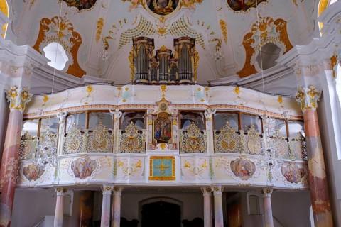 Ceiling fresco, and organ gallery, Church of Our Lady, Günzburg, Swabia, Bavaria, Germany