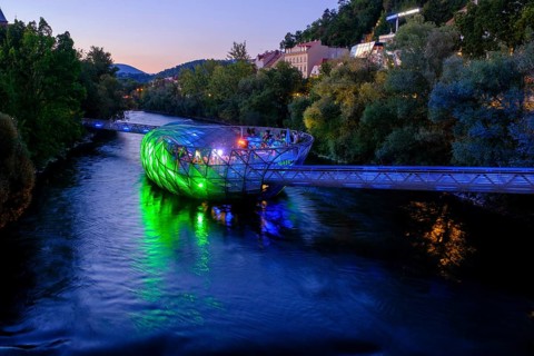 Murinsel, at dusk, architect Vito Acconci, river Mur, Graz, Styria, Austria