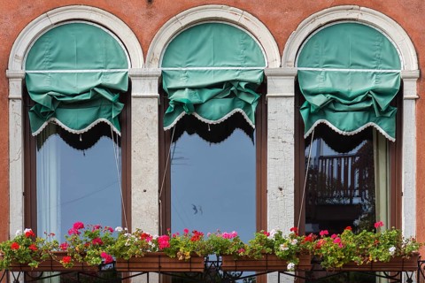Window with flower boxes of a palace, Venice, Veneto, Italy