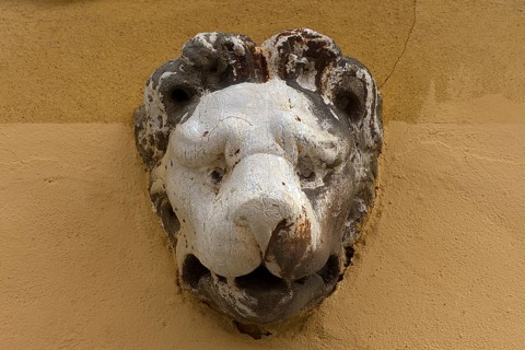 Sculpture of a lion's head above an entrance, Venice, Veneto, Italy