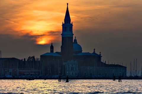 Silhouette of San Giorgio Maggiore church at sunset, Venice, Veneto, Italy
