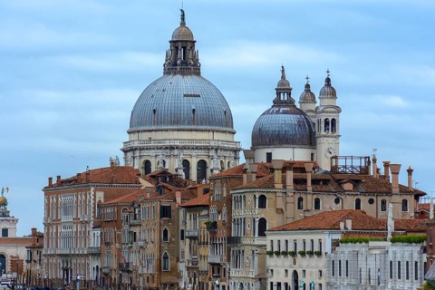 Santa Maria della Salute behind the Palazzi, Venice, Veneto, Italy