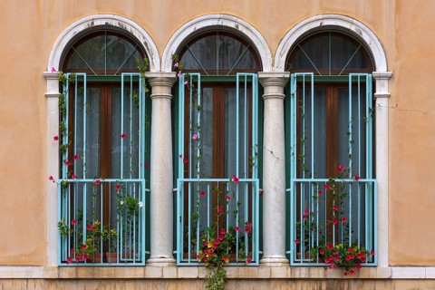 Arched window with columns of a palazzo, Venice, Veneto, Italy