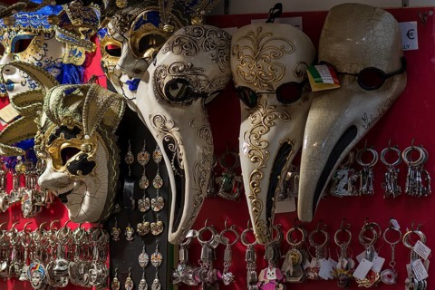 Venician carnival masks at a sales stand, Venice, Veneto, Italy