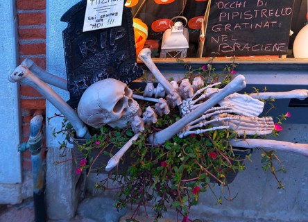 Skeleton decorated in front of a shop window for Halloween, Venice, Veneto, Italy