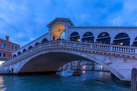 Rialto Bridge in the evening, Venice, Veneto, Italy