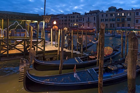 Dock for gondolas in the Grand Canal, Venice, Veneto, Italy