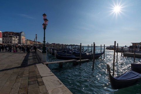 Gondolas at anchor, sun star, Venice, Veneto, Italy