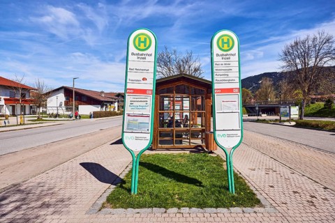 Inzell bus station, Regionalverkehr Oberbayern GmbH, bus stop sign, bus platform, general