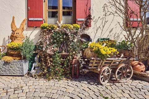 Easter decoration, wooden Easter bunny, historic handcart, flower pots, plant pots, plant pots,