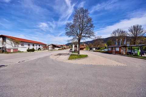 Inzell bus station, general architecture, residential buildings, bare winter trees, blue sky,
