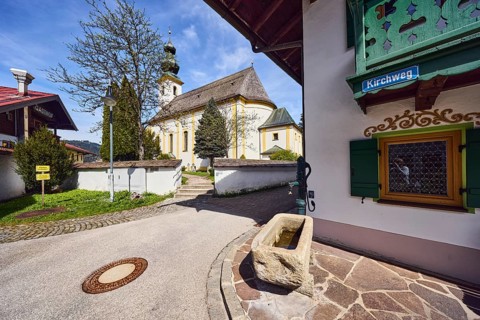 St. Michael church, pump with well trough, building, general development, street sign, wall with