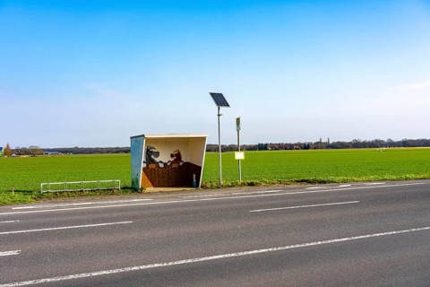 Bus stop in the countryside, Lower Rhine, school bus stop, individually designed, near Alps, North