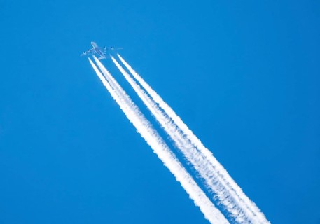 Aircraft, with contrails, Emirates Airbus A380, four-engine