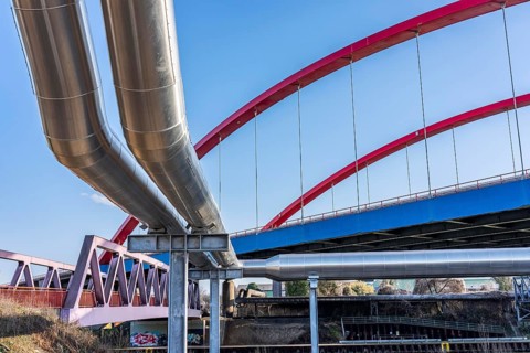 Iqony district heating pipes at the city port, crosses the Rhine-Herne Canal in Essen, A42 motorway