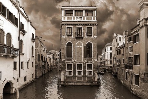 Historic Palazzo Tetta surrounded by canals, sepia, Venice, Veneto, Italy