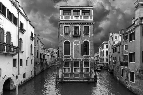 Historic Palazzo Tetta surrounded by canals, black and white, Venice, Veneto, Italy