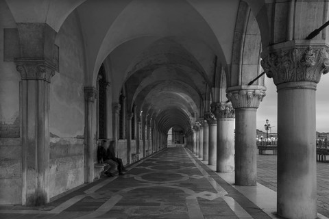 Arcade of the Doge's Palace early in the morning, black and white, Venice, Veneto, Italy
