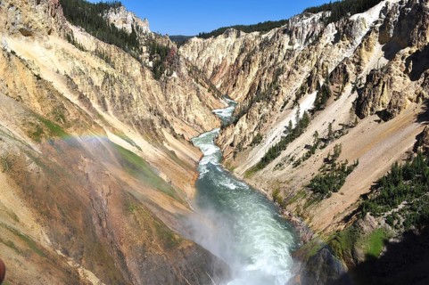 A river flows through a narrow colored canyon, Grand Canyon of the Yellowstone, Yellowstone