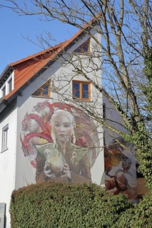 Mural Game of Thrones by CASE MacClaim 2016, Daenerys Targaryen with egg and dragon, ball, street