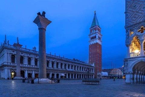 Empty St. Mark's Square with St Mark's Tower early in the morning, Venice, Veneto, Italy