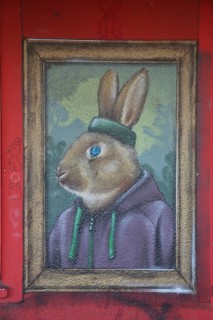 Rabbit mural by Guido Zimmermann 2014, street art, graffiti, rabbit figure with clothes, head,