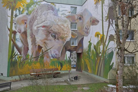 Mural sheep from CASE 2022, graffiti, street art, sheep figures, dandelions, meadow with yellow