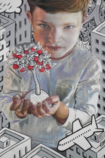 Mural by CASE MacAclaim and Millo 2023, street art, boy carrying apple tree in hands, protecting,