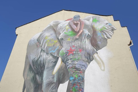 Mural elephant with jack on back by CASE maClaim 2016, elephant figure, street art, graffiti, Bad
