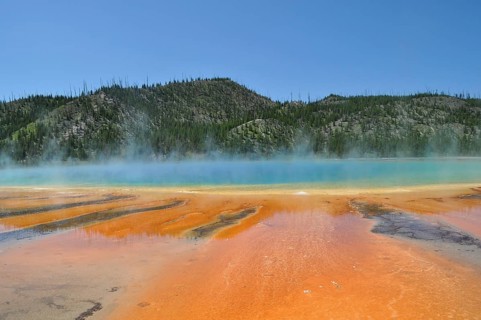 Play of colors and steam over geothermally active area surrounded by trees, Grand Prismatic Spring,