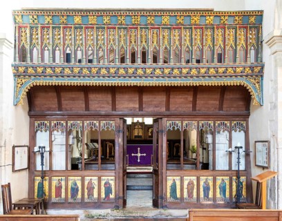15th-century rood loft and rood screen inside village parish church of Saint James, Avebury,