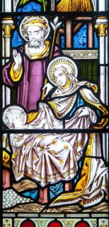 Detail of stained glass window depicting the nativity by Clayton and Bell, church of Saint James,