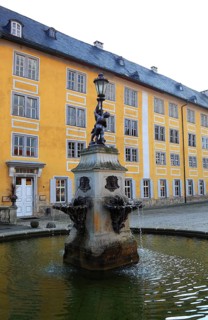 Fountain with lantern in the courtyard, Heidecksburg Castle, the former residence of the Princes of