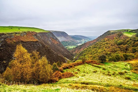 Autumn colors over Ffrwd Fawr Waterfall, Dylife, Llanbrynmair, Powys, Wales, UK