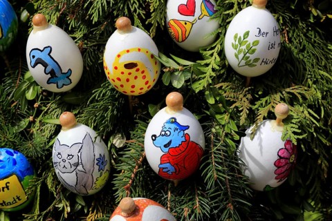 Detail, eggs painted by children, captain bluebear, Easter fountain in Heiligenstadt, Franconian