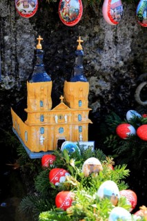 The monastery church Vierzehnheiligen built as a model in an Easter fountain, Franconian