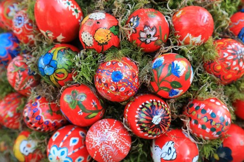 Detail of an Easter fountain in Franconian colors red and white, Franconian Switzerland, in