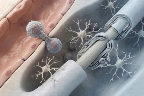 Cytotoxic T cells penetrate the blood-brain barrier and attack the protective myelin sheath of a