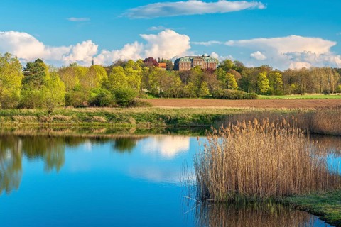 View of a small lake at Burgscheidungen Castle in evening light in spring, Unstrut Valley,
