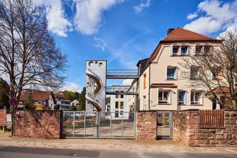 Catholic kindergarten St. Michael, slide, play equipment, commercial building, modern architecture,