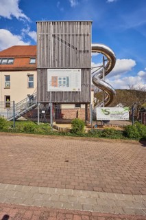 Kindergarten, slide, St. Michael Catholic Kindergarten, building, modern architecture, parking