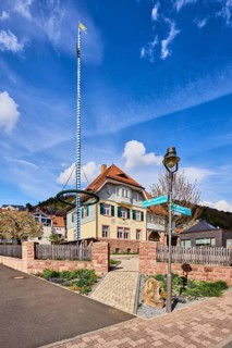 Town hall, maypole, lantern, sandstone wall, wooden fence, commercial building, hilly landscape,