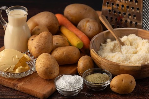 Kitchen ingredients with potatoes, carrots, parmesan and spices next to a grater